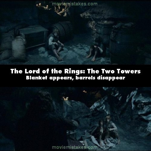 Phim The Lord of the Rings (Chúa tể của những chiếc nhẫn), cảnh Sam gợi ý Frodo dùng chiếc nhẫn để trốn thoát ở Henneth Annun, Frodo và Sam ngồi trước 3 chiếc thùng, ngoài ra, trong phòng còn có những chiếc bao tải, vài cây nến đang cháy sau lưng Frodo và Sam. Tuy nhiên, khi Faramir đến, Frodo và Sam lại đang ngồi bên trên những tấm chăn mà không thấy mấy chiếc thùng đâu. Ngoài ra, bức tường, vị trí của những cây nến cũng khác so với trước đó